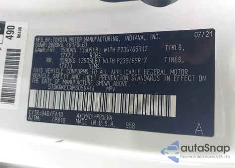 2021 Toyota Sienna Le z USA, uszkodzony, nr VIN 5TDKRKECXMS059444